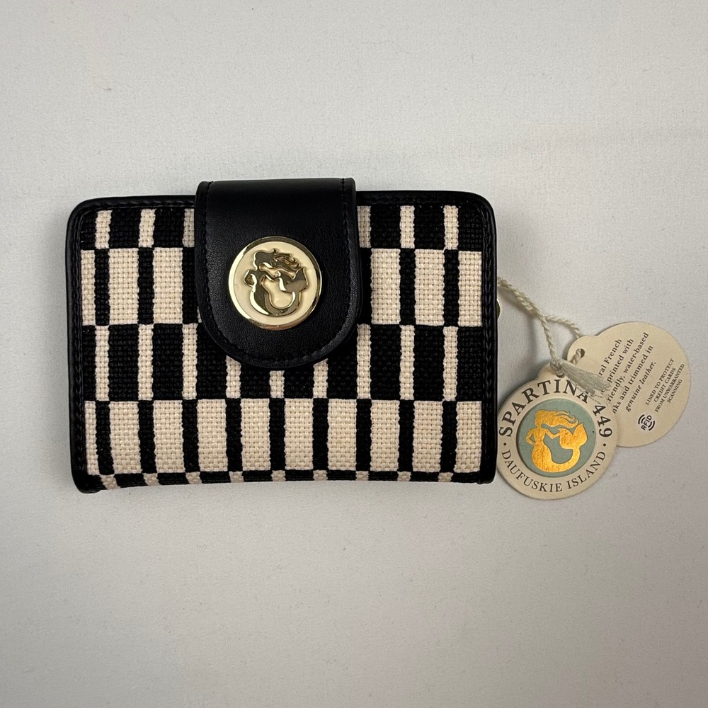 Spartina 449 West Bluff Yacht Club Wallet Black White Linen Leather 290592